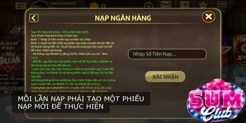 Nạp tiền qua ngân hàng nhanh chóng được SUM CLUB phê duyệt Nạp tiền qua ngân hàng nhanh chóng được SUM CLUB phê duyệt
