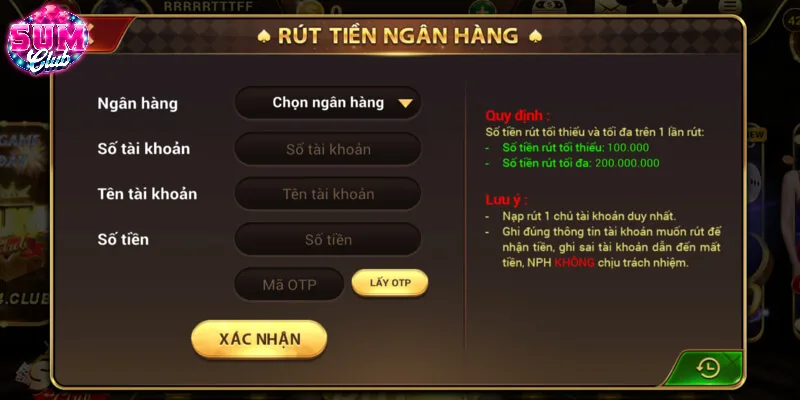 Rút tiền SUMCLUB qua hình thức ngân hàng phổ biến 