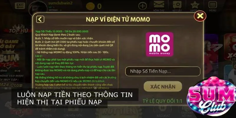 Ví điện tử Momo được SUM CLUB áp dụng trong giao dịch nạp tiền Ví điện tử Momo được SUM CLUB áp dụng trong giao dịch nạp tiền